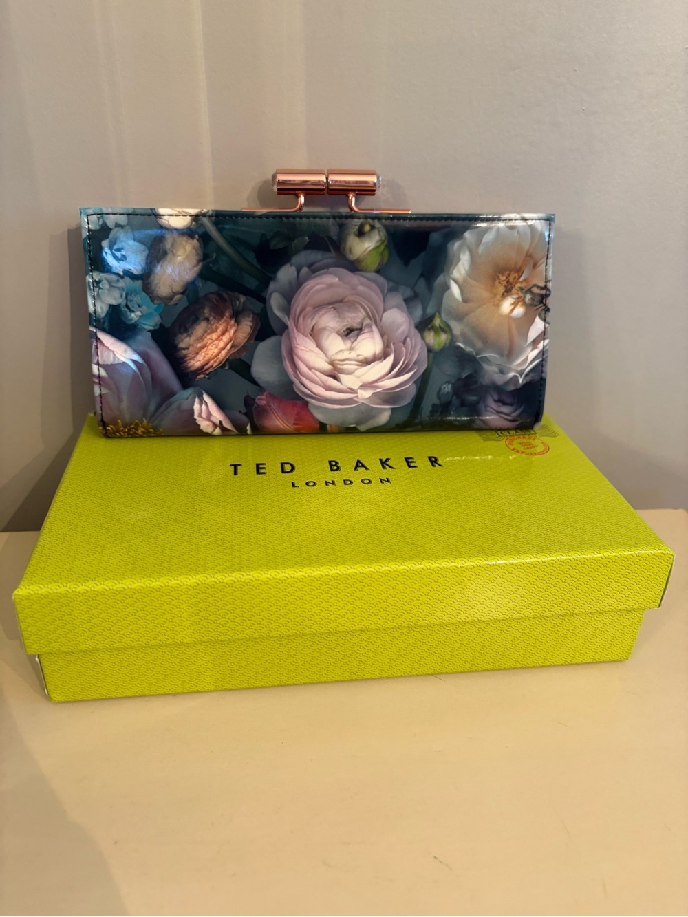 Ted Baker Floral Patent Clutch with Rose Gold Frame - Multicolor Floral